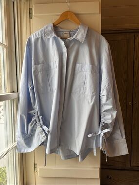 Anthropologie Light Blue Button-Down Shirt with Tie Sleeve Detail